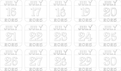July calendar 2025 line art icon set .Agenda plan, july month schedule calendar and Time planner.Meeting appointment time.Calendar Event schedule date.calendar date icon on white background.