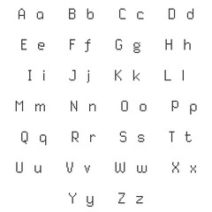 Pixelated English alphabet in dot matrix style featuring uppercase and lowercase letters, evoking retro digital and vintage computer design