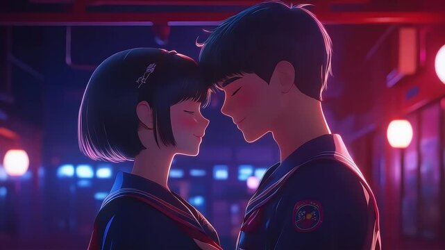 anime couple in school uniforms sharing an intimate forehead touch, bathed in soft neon and lantern light.