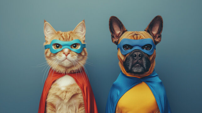 Brave cat and dog wearing capes and masks, superhero stance on solid grey background