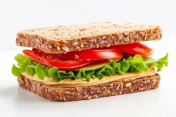 Fresh and Healthy Whole Grain Sandwich with Crisp Lettuce, Juicy Tomato Slices, and Creamy Peanut Butter on a White Background for Nutritional Food Photography