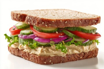 Fresh and Healthy Vegetables Layered in a Crisp Whole Grain Sandwich with Hummus Spread Perfect for a Nutritious Lunch or Snack Option