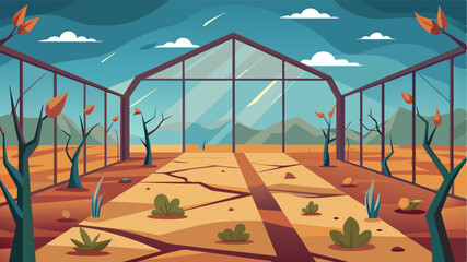 The layers of wilting leaves and driedout soil blend together to create a nearly desolate landscape inside the oncethriving greenhouse emphasizing the dire consequences of climate. Vector illustration
