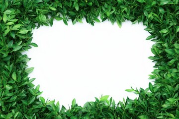 Fototapeta premium Lush green grass and leaves. Green leaves border frame with white background. Tropical backdrop with green plants close-up view after rain. Abstract tropics leaf texture, nature background. Copy space