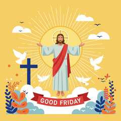 Flat vector illustration of Jesus Christ with open arms, symbolizing love and sacrifice on Good Friday. Surrounded by doves, crosses, and nature, this artwork captures peace, hope, and spirituality