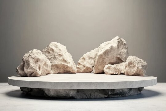 3D render of an empty podium made from rocks, a platform for product presentation, a mockup with a round stage and stones on a grey background - Powered by Adobe
