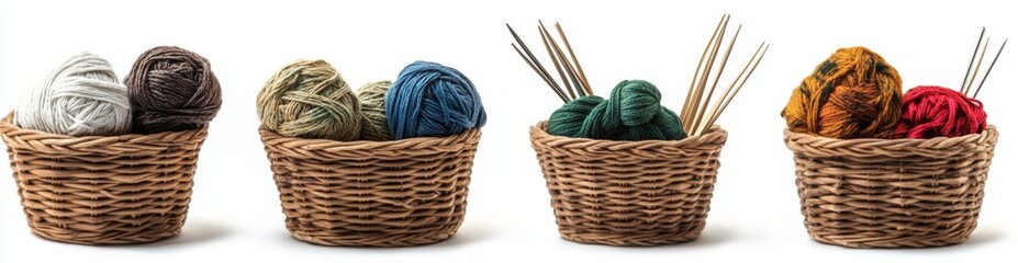 Obraz premium Four Wicker Baskets Holding Yarn and Knitting Needles