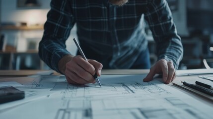 An architect reviewing building designs in an office. Featuring creativity and attention to detail