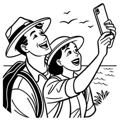 Happy Travelers Taking a Selfie at the Beach with Scenic Views