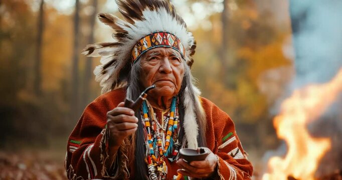 Native American Elder: A captivating portrayal of a wise Native American elder, adorned in traditional regalia, smoking a pipe with quiet dignity, reflecting the depth of cultural heritage and wisdom.