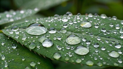 Close Up of Tiny Water Beads on Vibrant Green Leaf Surface Under Soft Morning Light Suitable for Nature Backgrounds