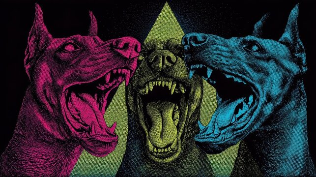 Three menacing dobermans in vibrant colors, snarling.