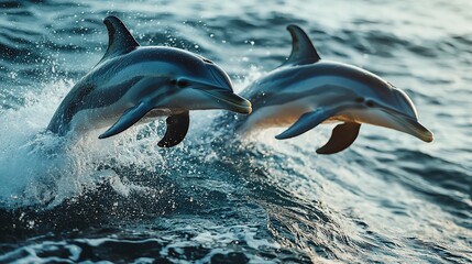 Two dolphins leap over ocean waves
