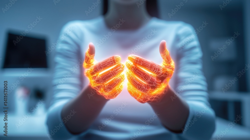 Poster exploring energy manipulation techniques hands glowing with power modern office digital art futurist
