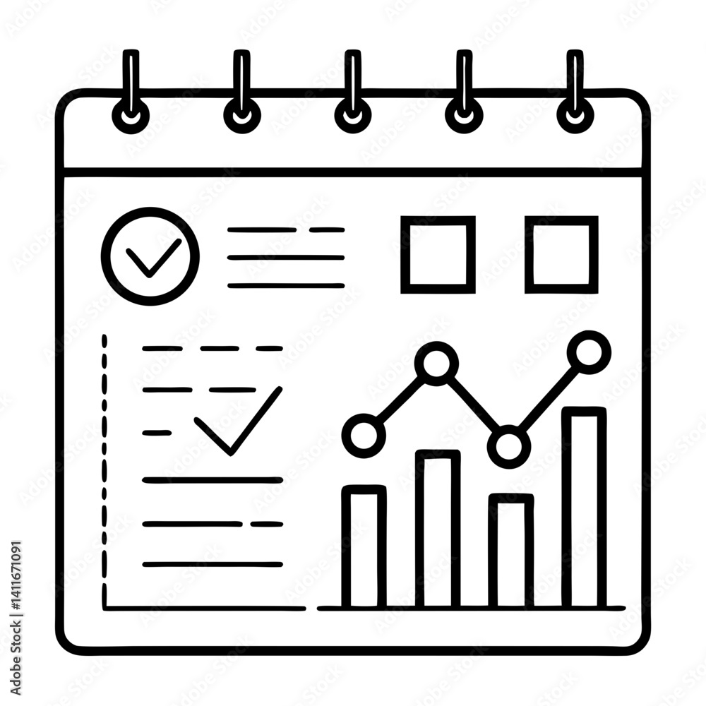 Poster business calendar with checkmarks and graphs for project tracking and scheduling