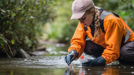 A female scientist collects water samples from a flowing river