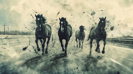 Black horses galloping on a misty road.