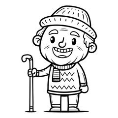 Obraz premium Cheerful Grandfather Character with Walking Cane Cozy Sweater and Beanie for Coloring and Design