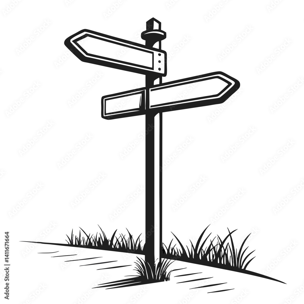 Poster directional signpost with blank arrow signs and grass for navigation and decision making