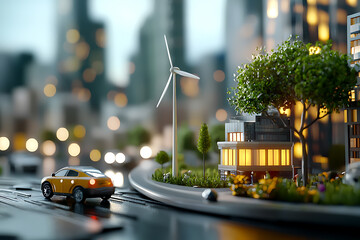 Smart city development using ai-managed renewable power grid urban landscape model photography futuristic environment close-up view sustainable living concept