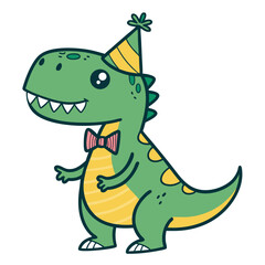 Fototapeta premium Cute Cartoon Dinosaur in Party Hat with Bow Tie Perfect for Kids Birthday Invitations