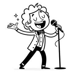 Fototapeta premium Cheerful Cartoon Singer with Microphone in Formal Attire Performing on Stage