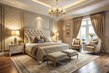 Fototapeta premium Beige Bedroom Aerial Photography, Luxury Interior Design, Stylish Home Decor, Elegant Master Suite, Overhead View, Calm Bedroom