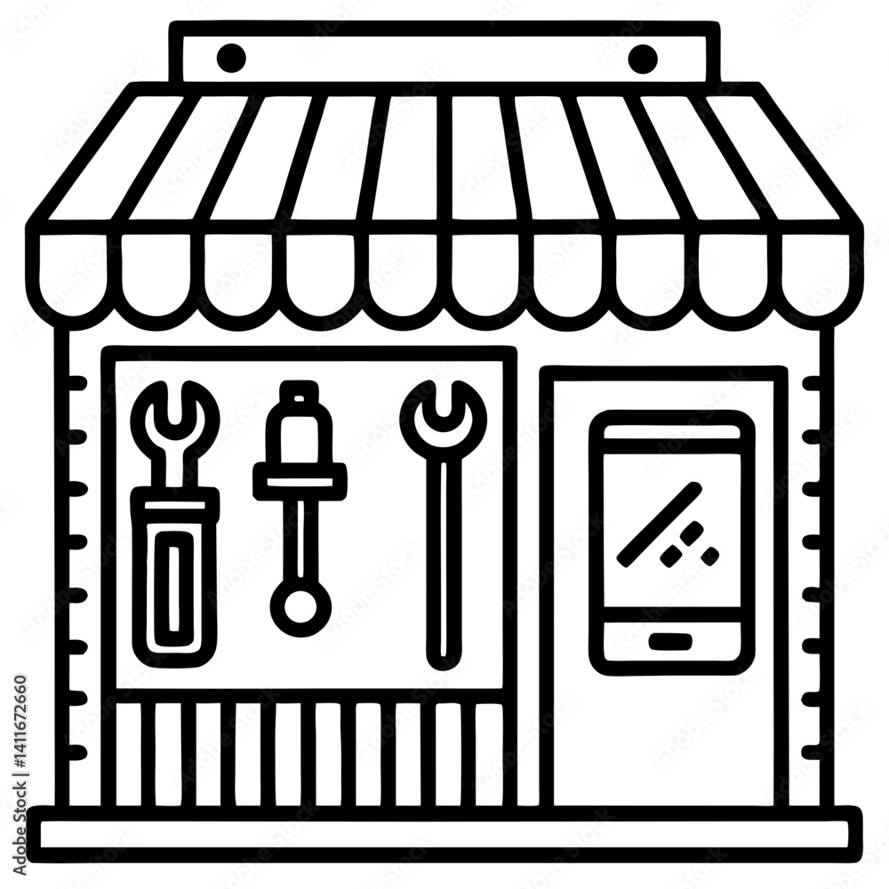 Poster hardware store front illustration featuring tools and smartphone display for diy projects