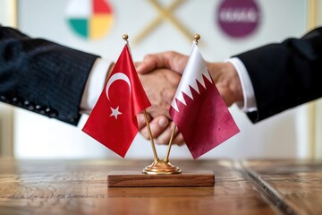 Turkey and Qatar Flags with Handshake Agreement on Table