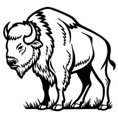 Fototapeta premium Majestic Bison Standing Tall in Grassy Landscape Ideal for Tattoo Designs and Nature Artwork
