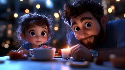 Father  Daughters Cozy Night Sweet 3D Render.