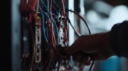 Electrician wiring electrical panel. Indoor home renovation site