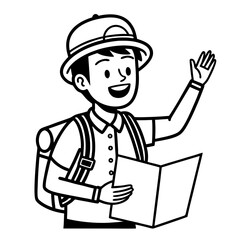 Cheerful Young Explorer Holding Map and Waving in Outdoor Adventure Outfit
