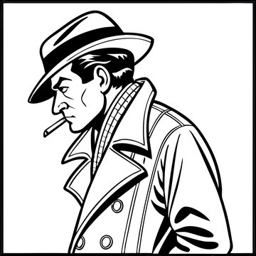 Swaggering Detective Character in Classic Trench Coat with Cigarette Stylish Noir Illustration
