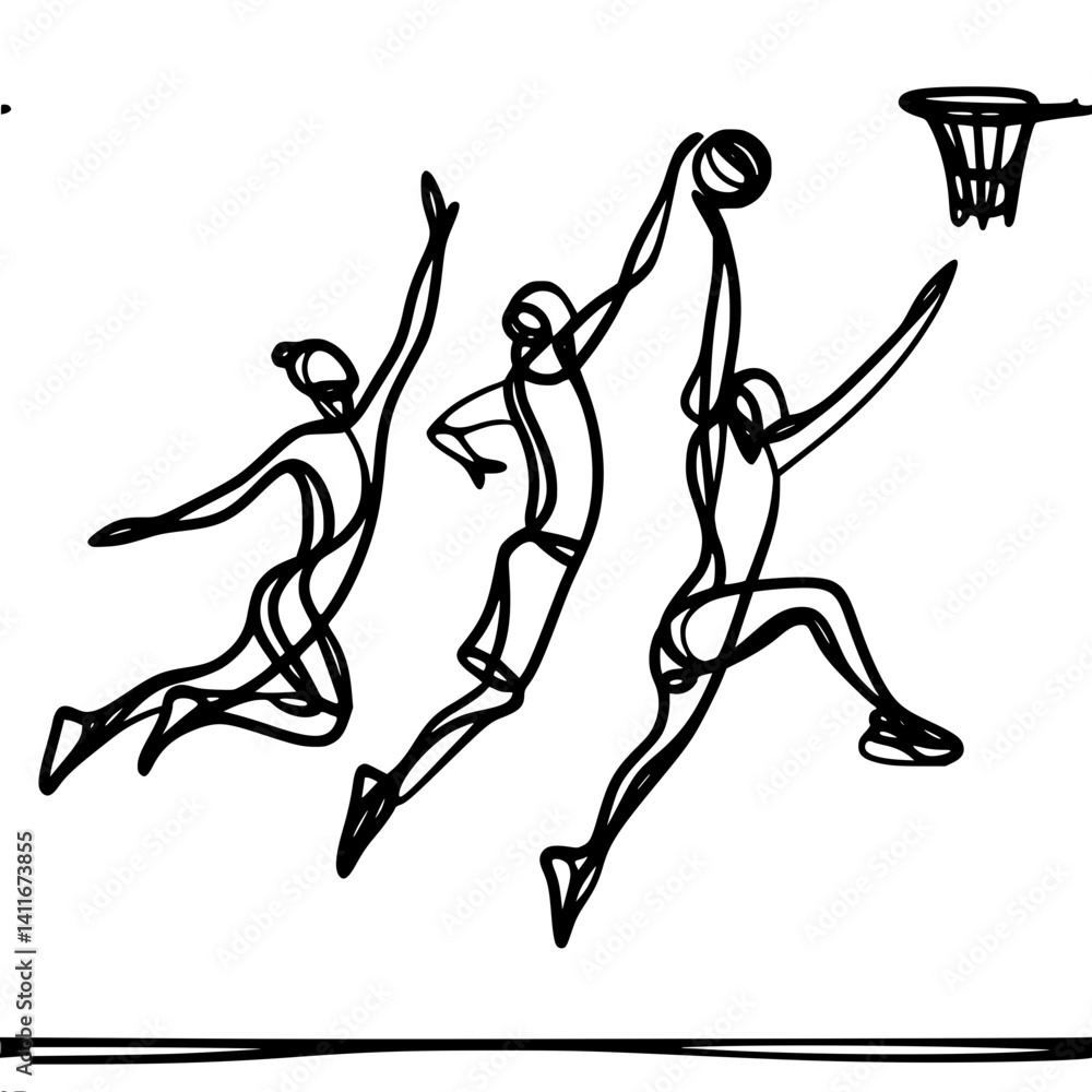 Poster dynamic basketball players jumping for the hoop in a linear style , single line vector