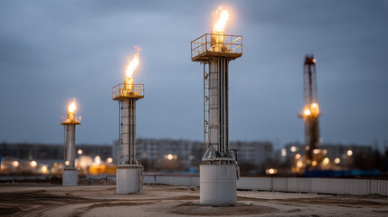 Industrial Flare Towers Lit: Dramatic shot of industrial flare towers illuminated with fiery plumes against the backdrop of a city at twilight, evoking themes of energy, industry.