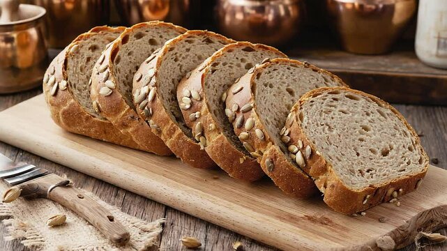 Rustic sliced bread displayed on wooden board