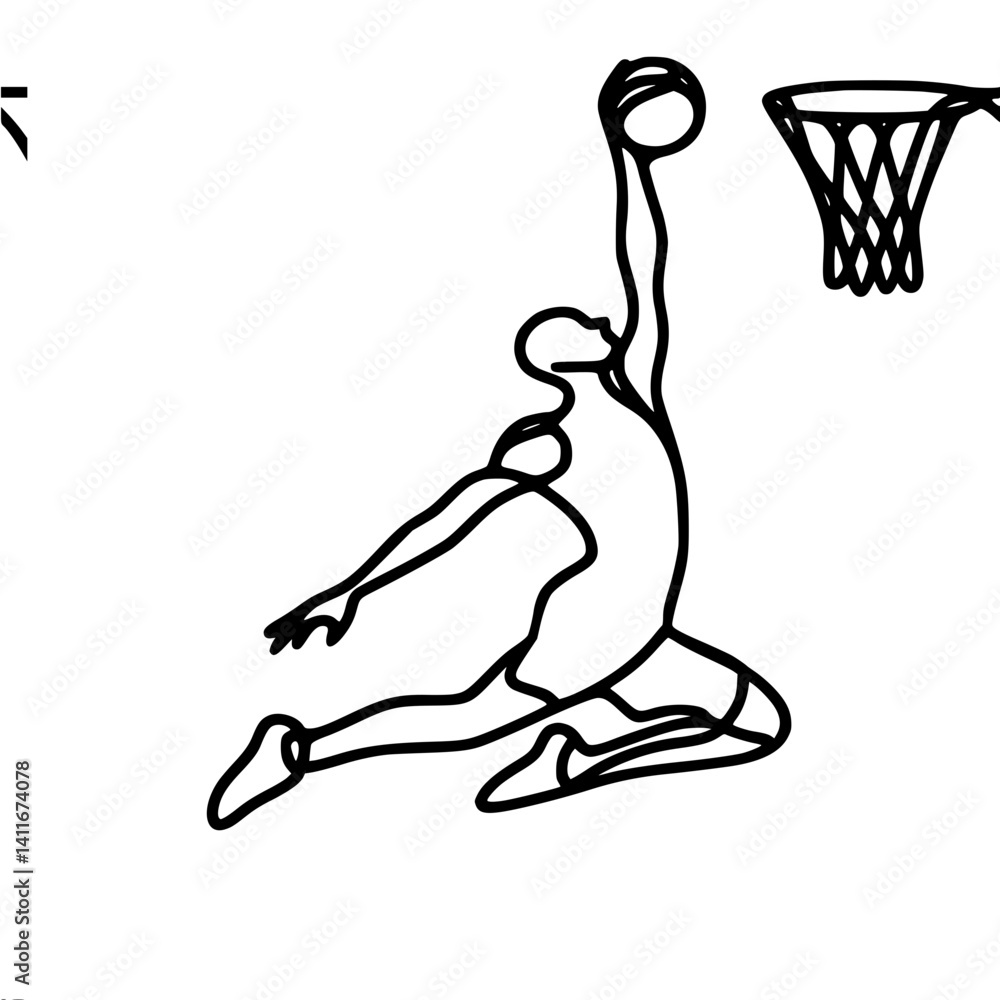 Poster basketball player performing a slam dunk in a dynamic style, single line vector