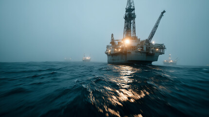 Fototapeta premium Oceanic Giant: Amidst a tempestuous sea, a colossal offshore oil rig stands tall, its intricate machinery illuminated against a dramatic, moody sky.