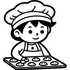 Cute Cartoon Chef Baking Cookies on a Baking Sheet with a Joyful Expression