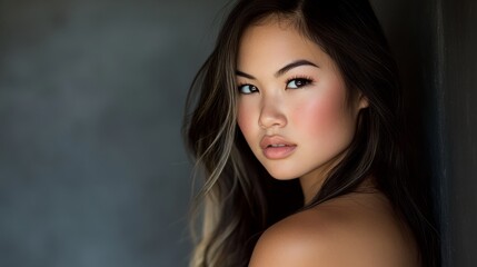 Naklejka premium Young woman in thoughtful gaze, bathed in soft light; quiet intensity and serene focus. 