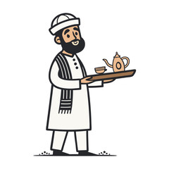 Traditional Server with Tray Offering Tea in Arab Dress Character Vector Illustration