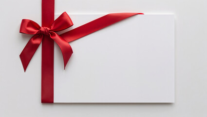 Red ribbon decorating white blank card on white background