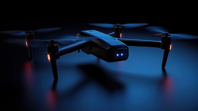 Modern drone hovering in dark studio environment with blue light