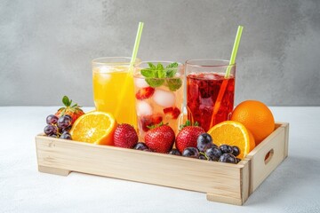 Assortment of cold-pressed juices in wooden crate. glasses of juices next to wooden crate with fresh fruit ingredients on light table. Fresh various smoothie vegetable and fruit juices drinking glass