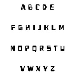 Futuristic display font with uppercase black letters featuring geometric, tech-inspired cuts and isolated on a white background