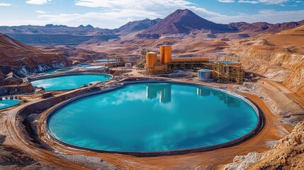 Large open pit mine with water reservoirs and processing facilities