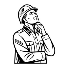 Obraz premium Thoughtful Soldier in Uniform Wearing Helmet Reflecting on Strategy and Decisions