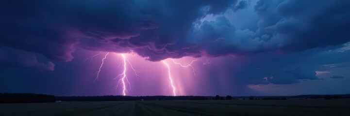 Dark clouds, jagged lightning bolts illuminate landscape, sky, weather