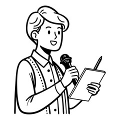 Cheerful Person Holding Microphone and Notepad for Public Speaking or Presentation